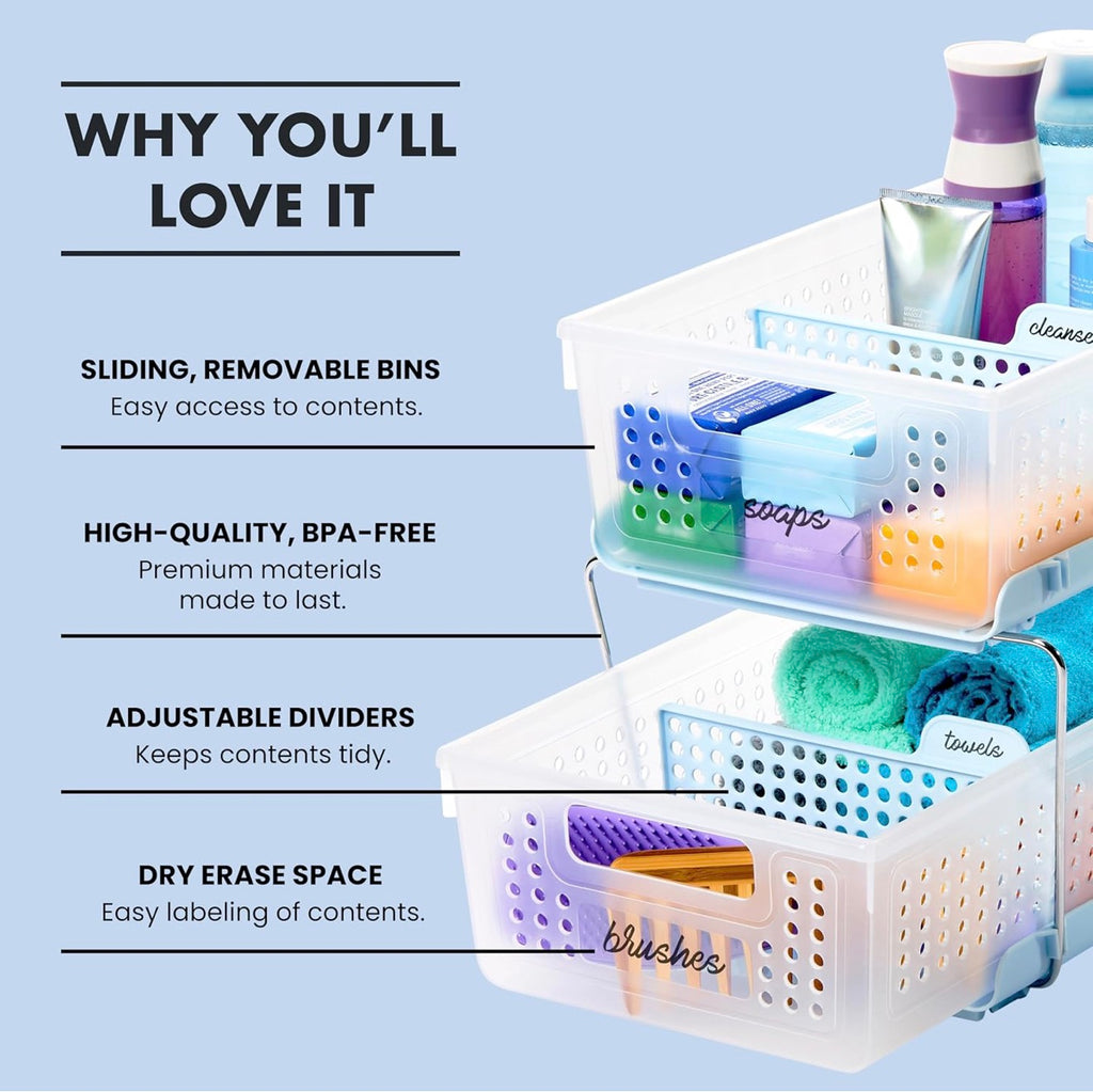 madesmart Two-Tier Bathroom Cabinet Organizer, Sliding Drawer Storage for Bottles, Sponges & Cleaning Supplies