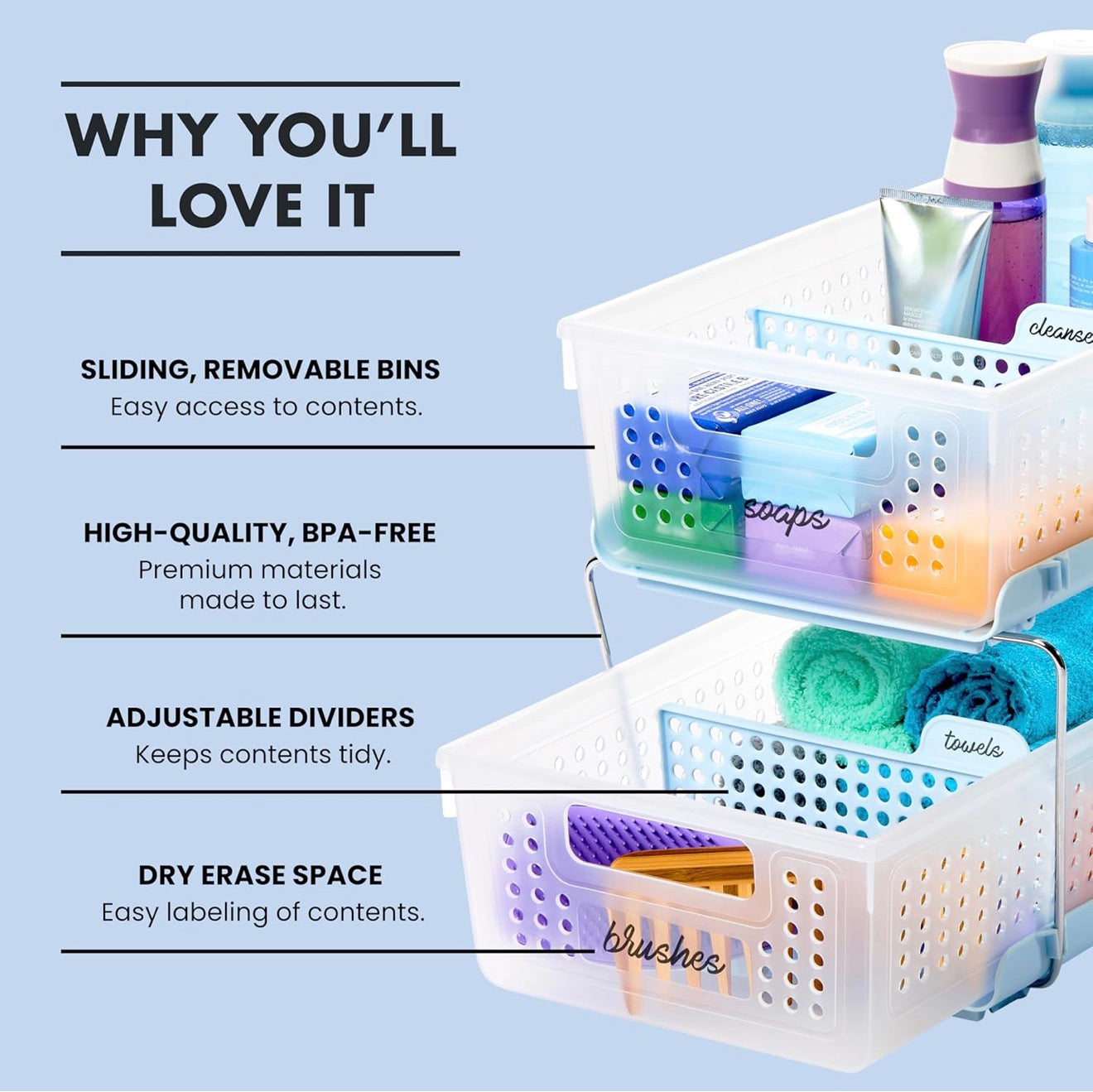 madesmart Two-Tier Bathroom Cabinet Organizer, Sliding Drawer Storage for Bottles, Sponges & Cleaning Supplies