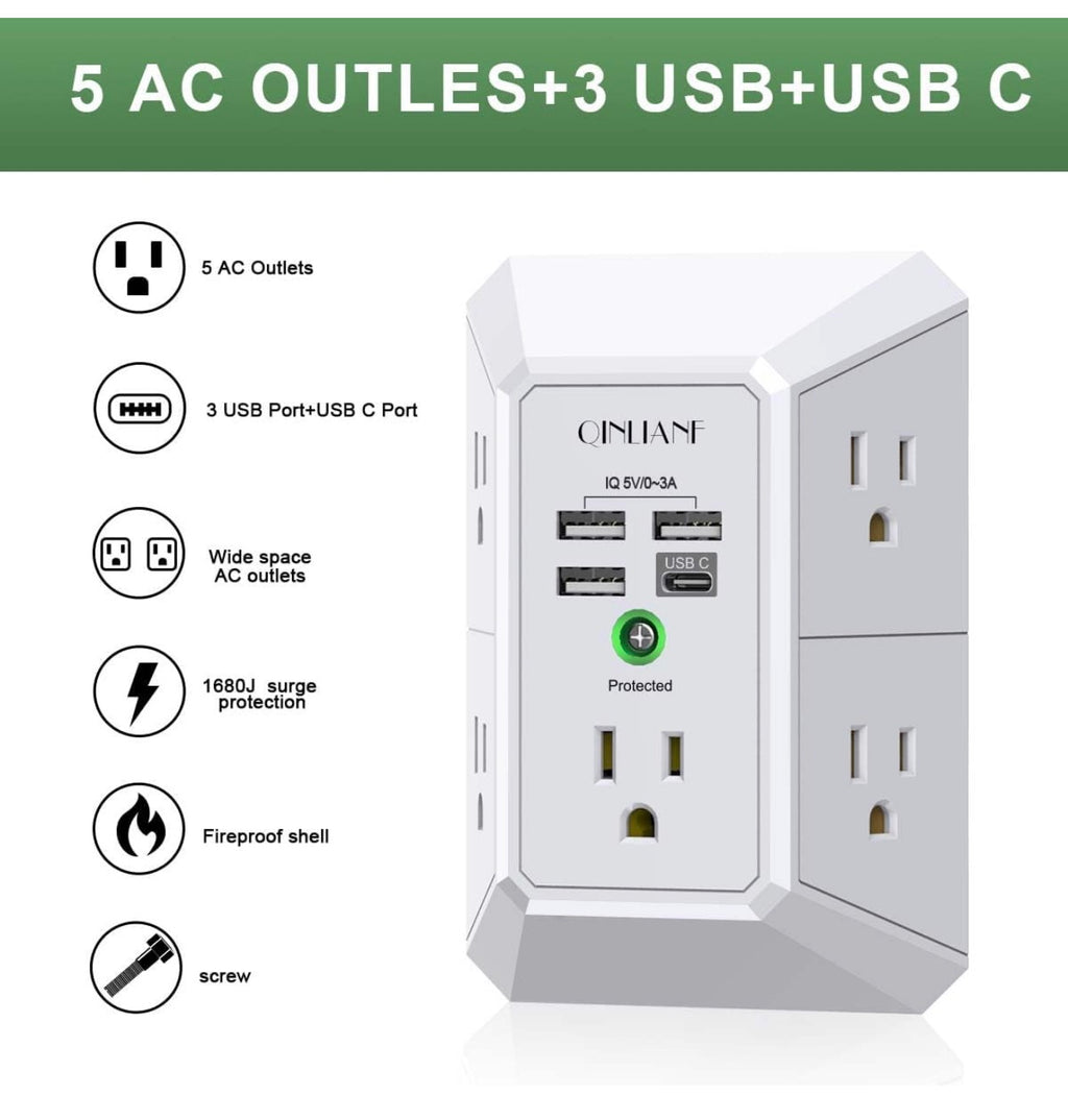 Wall Charger, Surge Protector, 5 Outlet Extender with 4 USB Charging Ports, 3-Sided 1680J Power Strip Multi Plug Adapter Spaced for Home,Travel & Office
