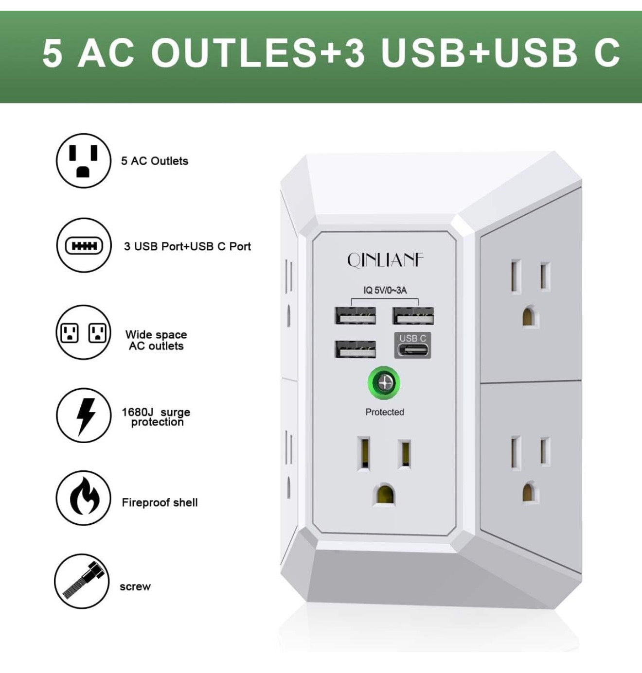 Wall Charger, Surge Protector, 5 Outlet Extender with 4 USB Charging Ports, 3-Sided 1680J Power Strip Multi Plug Adapter Spaced for Home,Travel & Office