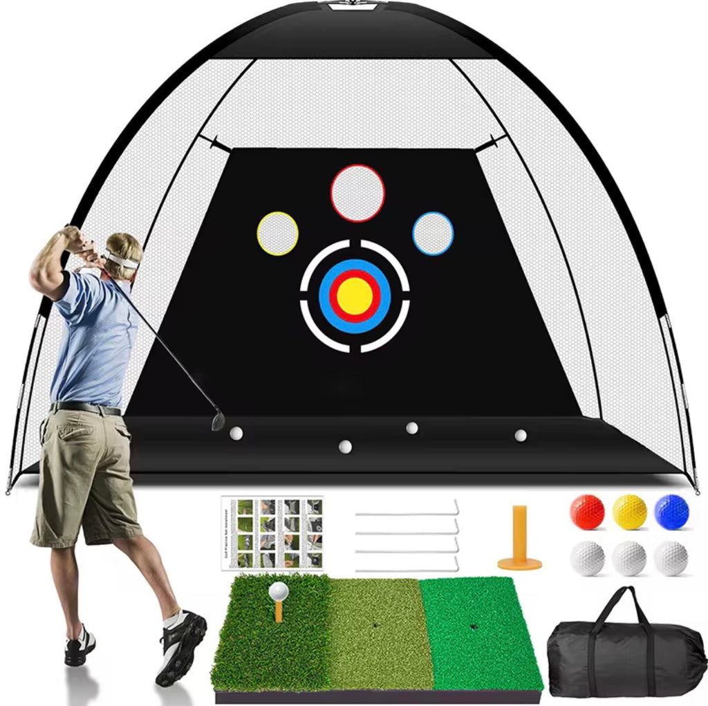 10x7ft Outdoor Golf Practice Nets Mats All-In-One Backyard Driving Chipping Swing Training With Archery Target Balls & Bags