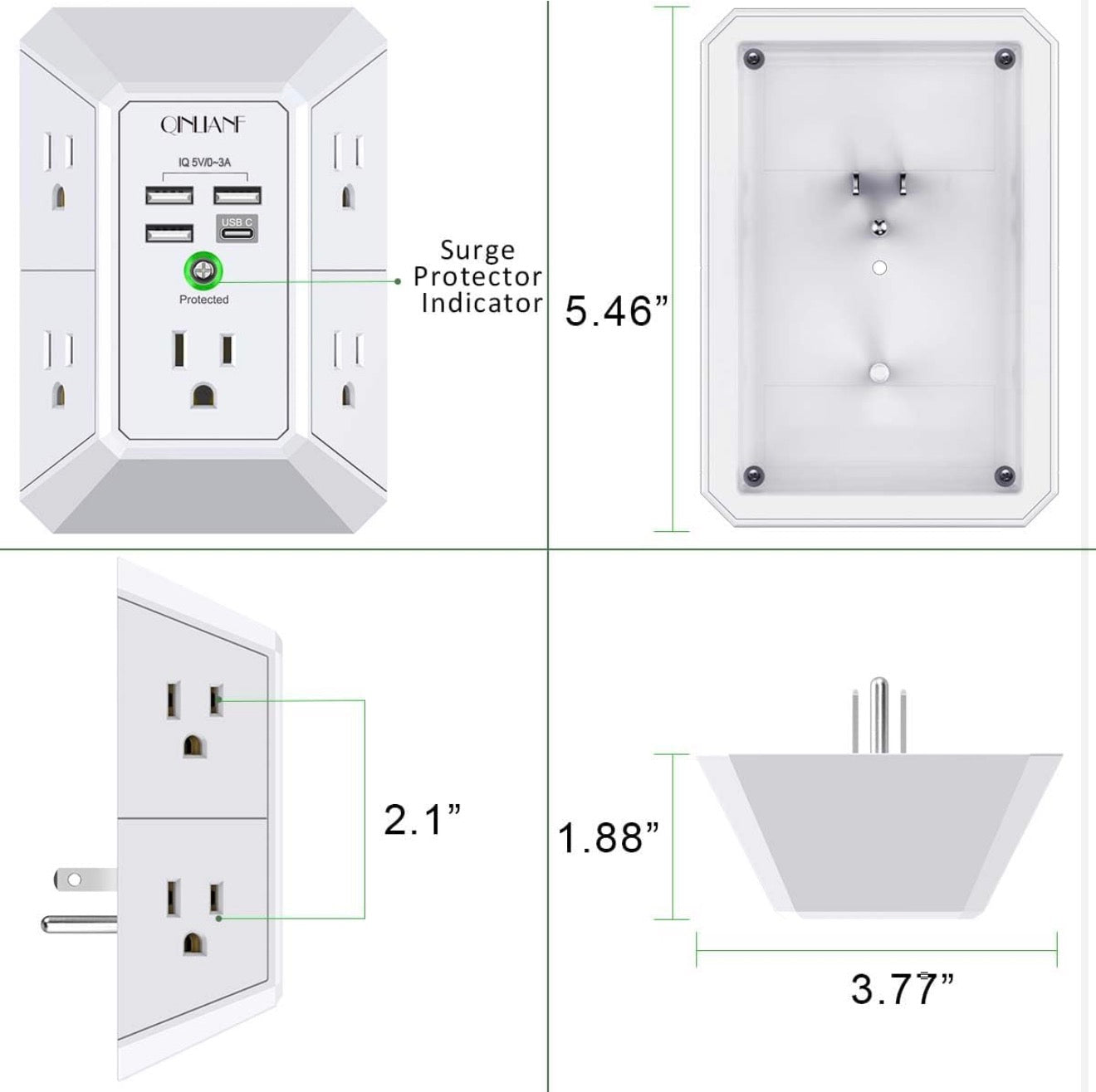 Wall Charger, Surge Protector, 5 Outlet Extender with 4 USB Charging Ports, 3-Sided 1680J Power Strip Multi Plug Adapter Spaced for Home,Travel & Office