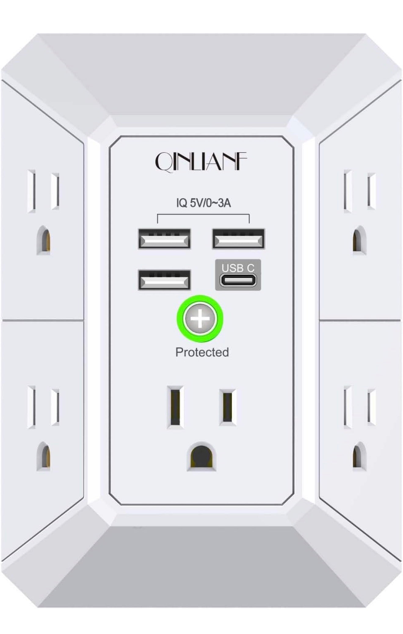 Wall Charger, Surge Protector, 5 Outlet Extender with 4 USB Charging Ports, 3-Sided 1680J Power Strip Multi Plug Adapter Spaced for Home,Travel & Office