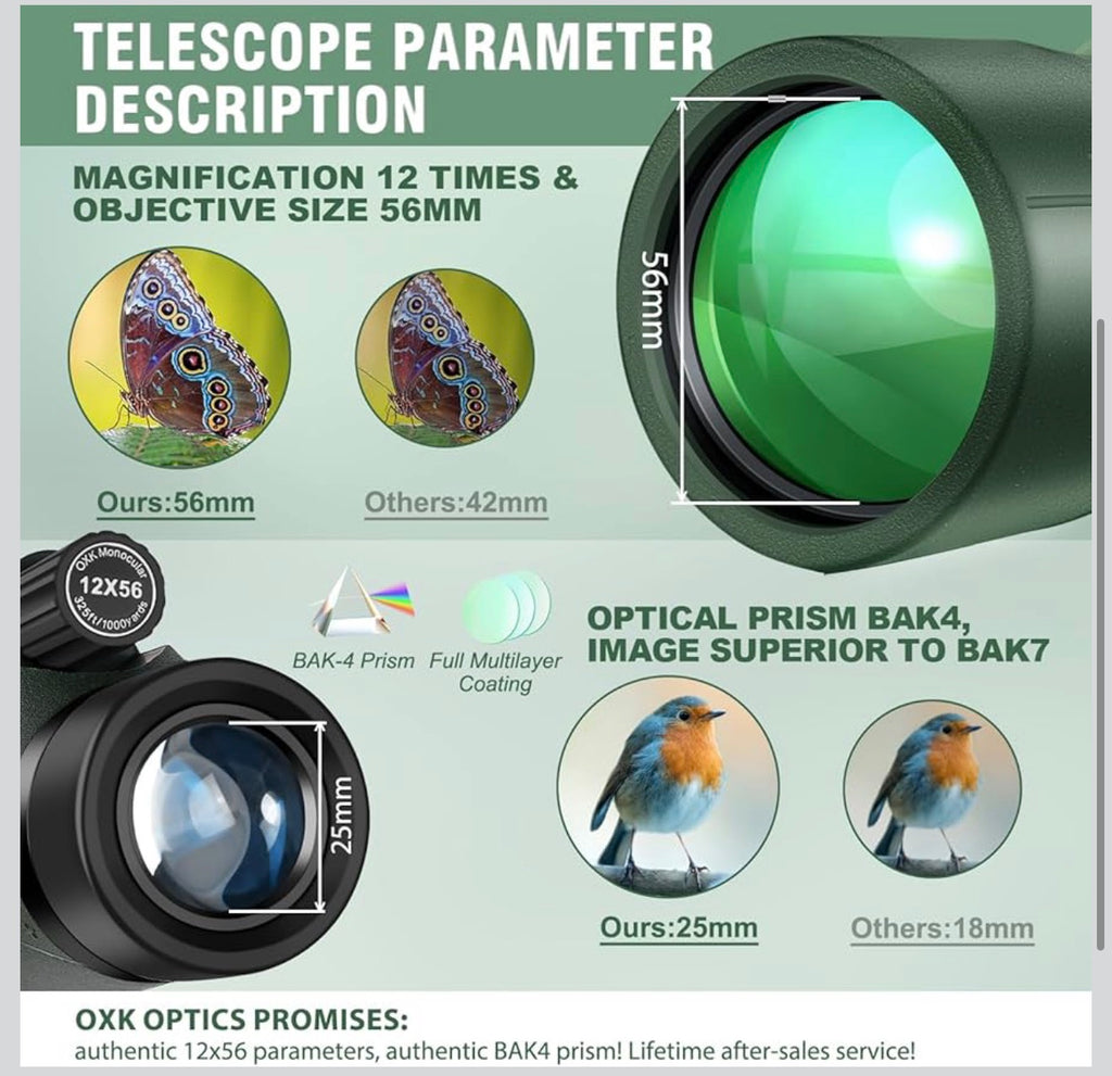 12x56 High Power Monocular Telescope for Adults | Comes with Smartphone Adapter Tripod Travel Bag | Bird Watching Hunting Hiking Camping Gift