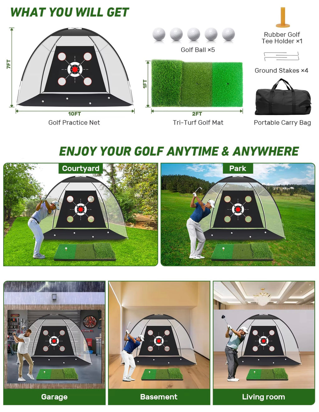 10x7ft Outdoor Golf Practice Nets Mats All-In-One Backyard Driving Chipping Swing Training With Archery Target Balls & Bags