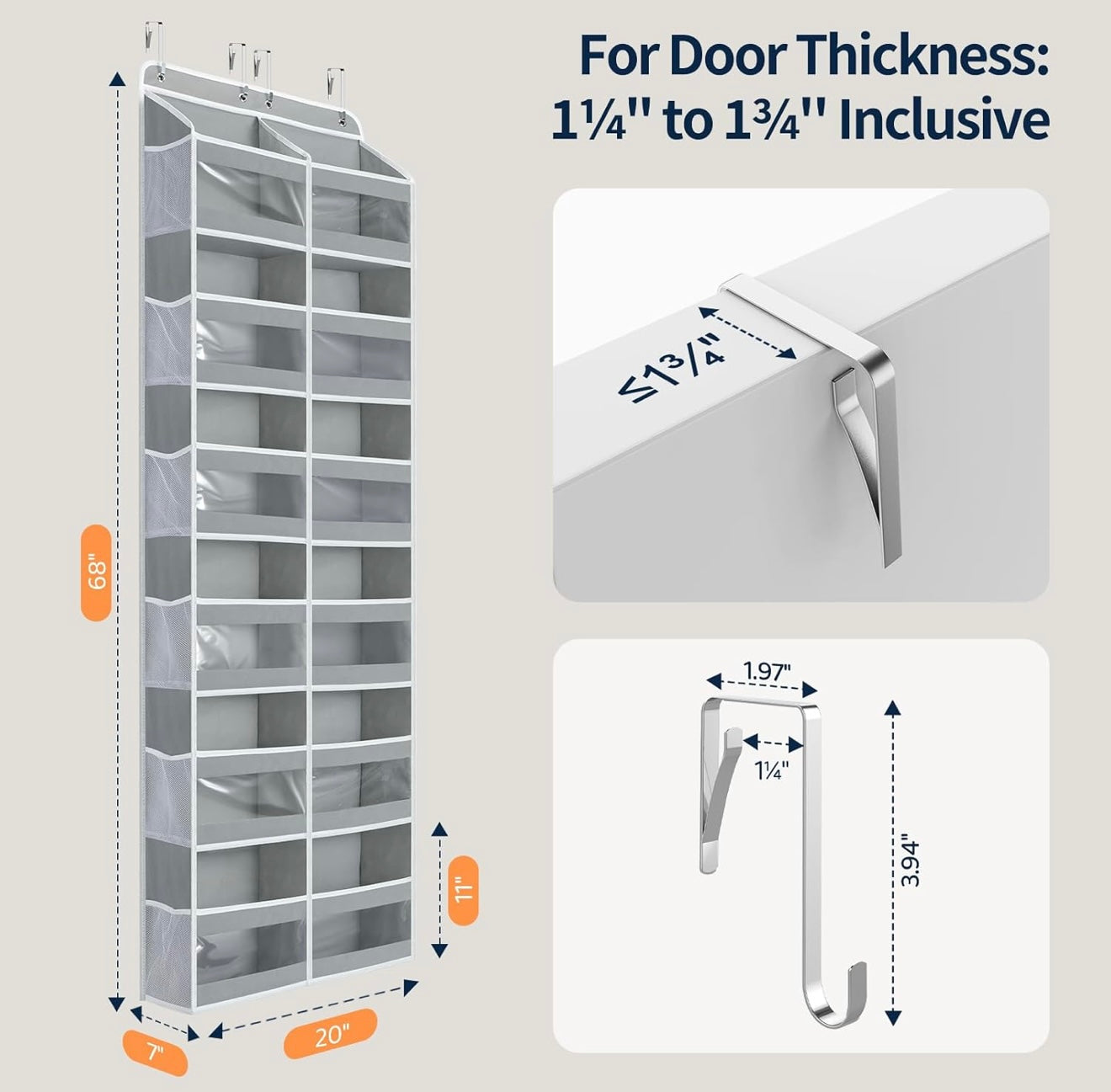 6-Tier Over The Door Organizer Dual-Column of 12 Compartments, College Dorm Essentials with Clear PVC Windows, Heavy Duty Door Organizer Hanging for Bedroom Bathroom Pantry Nursery,