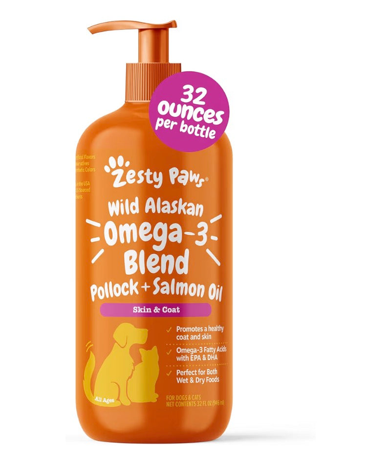 Zesty Paws Wild Alaskan Omega-3 Blend Pollock + Salmon Oil for Dogs and Cats- Skin and Coat Support, Omega 3 Supplement for Pets, 32oz