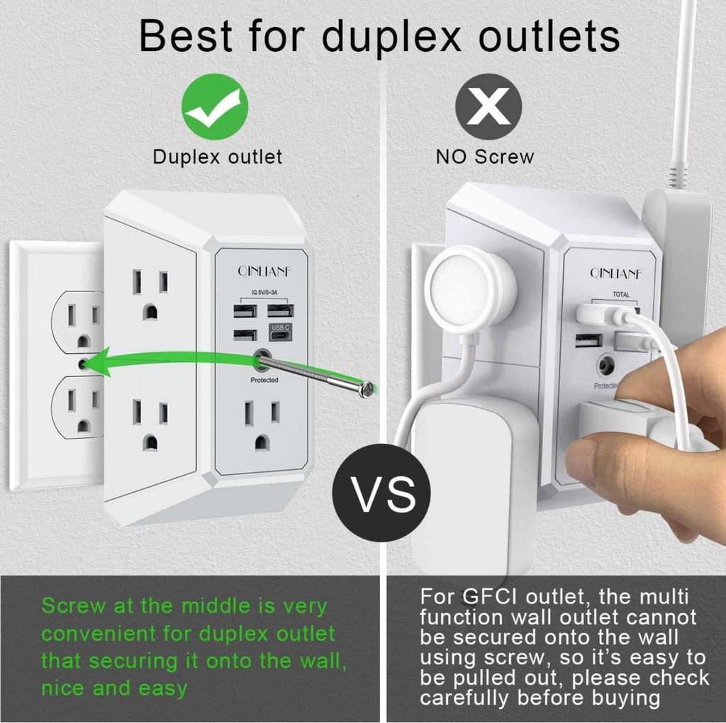 Wall Charger, Surge Protector, 5 Outlet Extender with 4 USB Charging Ports, 3-Sided 1680J Power Strip Multi Plug Adapter Spaced for Home,Travel & Office
