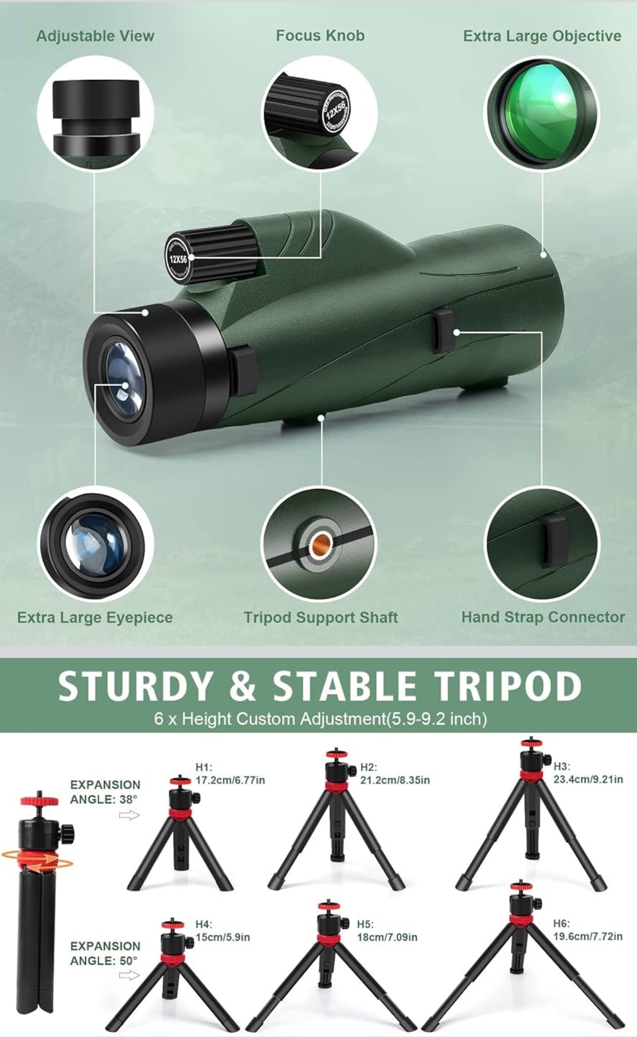 12x56 High Power Monocular Telescope for Adults | Comes with Smartphone Adapter Tripod Travel Bag | Bird Watching Hunting Hiking Camping Gift