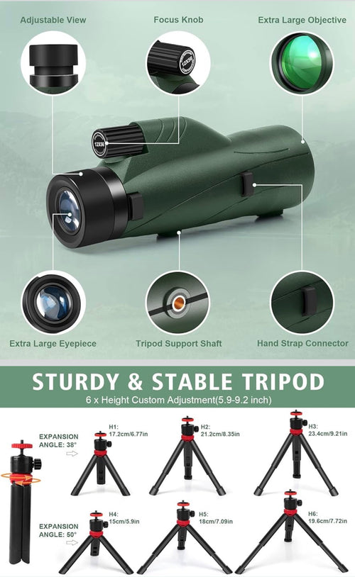 12x56 High Power Monocular Telescope for Adults | Comes with Smartphone Adapter Tripod Travel Bag | Bird Watching Hunting Hiking Camping Gift