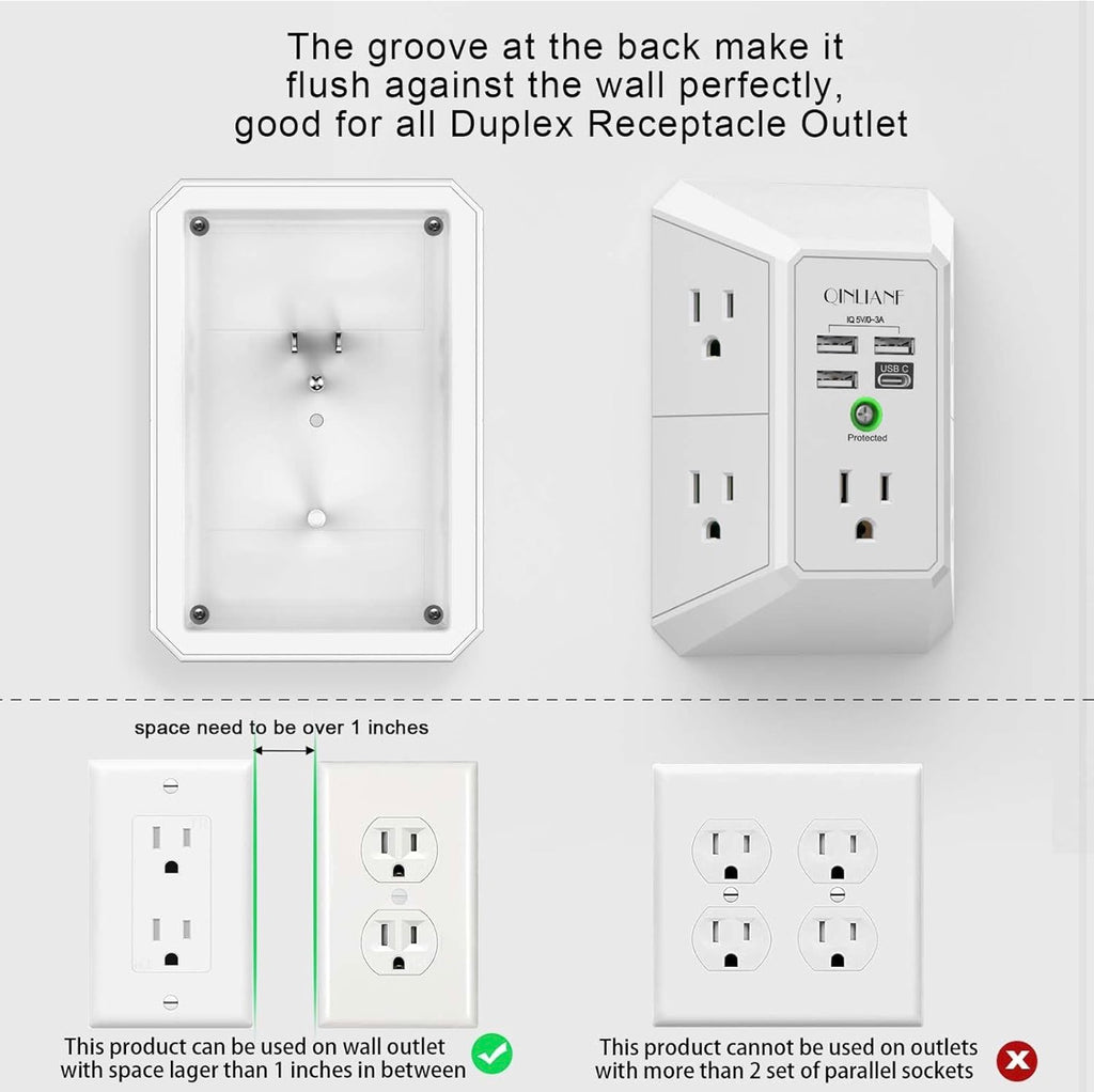 Wall Charger, Surge Protector, 5 Outlet Extender with 4 USB Charging Ports, 3-Sided 1680J Power Strip Multi Plug Adapter Spaced for Home,Travel & Office