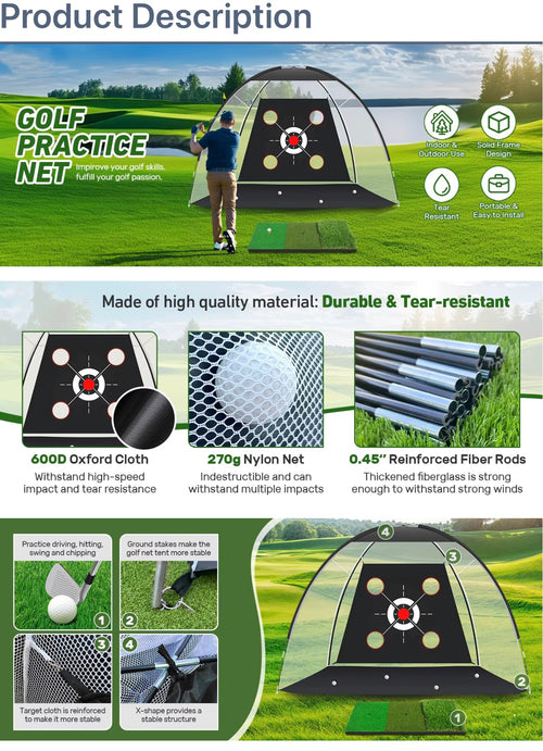 10x7ft Outdoor Golf Practice Nets Mats All-In-One Backyard Driving Chipping Swing Training With Archery Target Balls & Bags