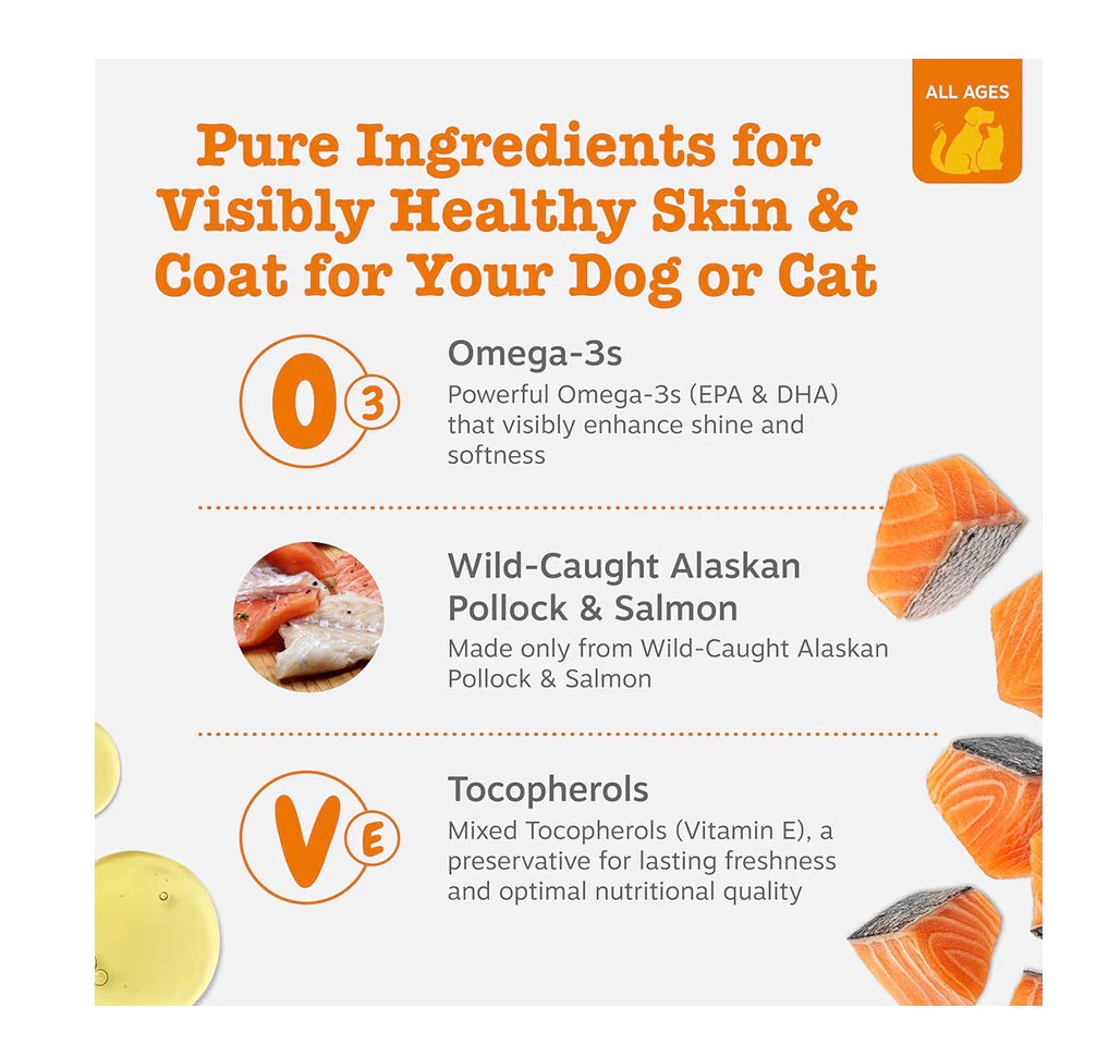 Zesty Paws Wild Alaskan Omega-3 Blend Pollock + Salmon Oil for Dogs and Cats- Skin and Coat Support, Omega 3 Supplement for Pets, 32oz