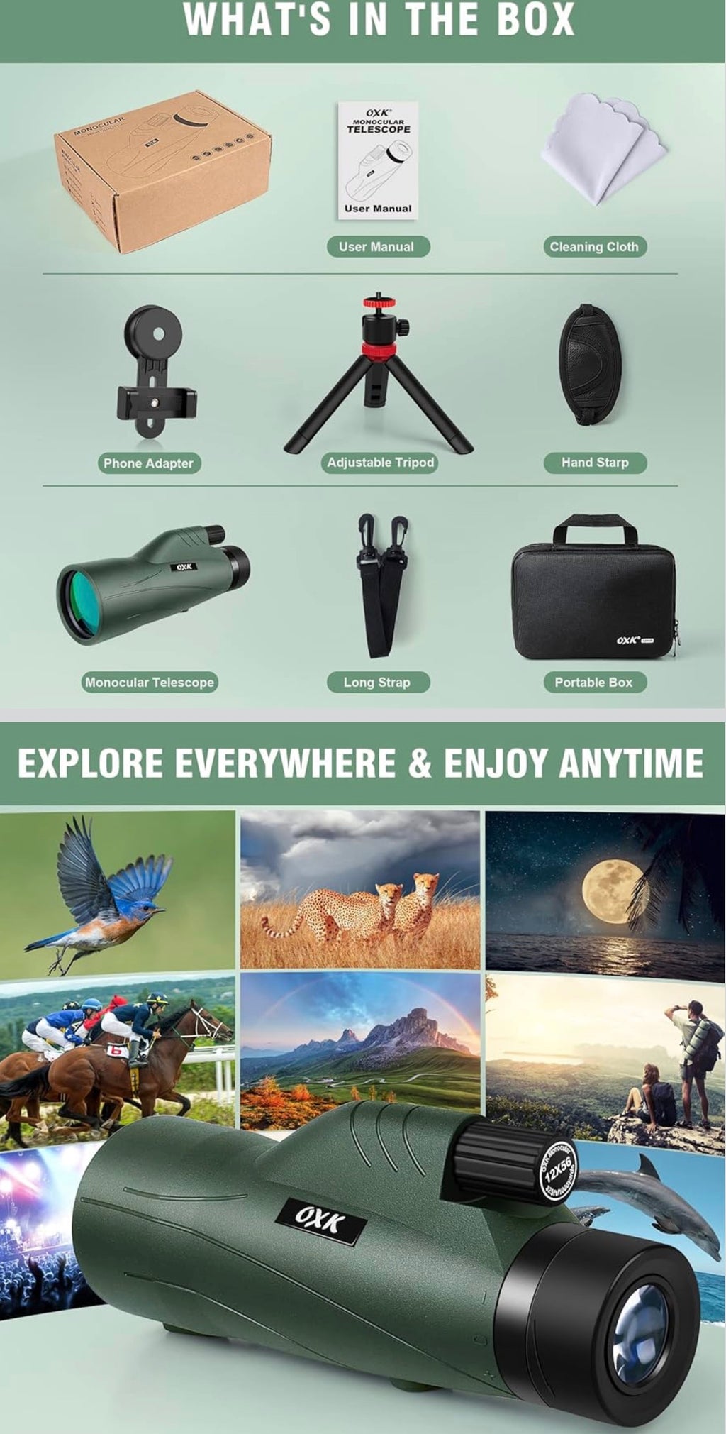 12x56 High Power Monocular Telescope for Adults | Comes with Smartphone Adapter Tripod Travel Bag | Bird Watching Hunting Hiking Camping Gift