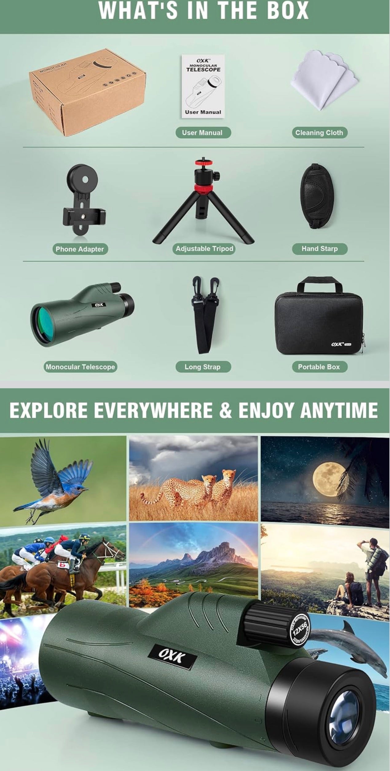 12x56 High Power Monocular Telescope for Adults | Comes with Smartphone Adapter Tripod Travel Bag | Bird Watching Hunting Hiking Camping Gift